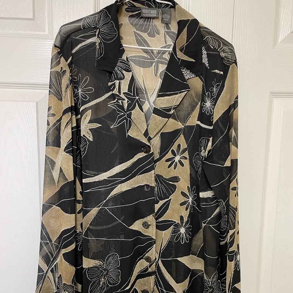 Chicos Additions Size 3 (16) elegant sheer full button blouse Black gold